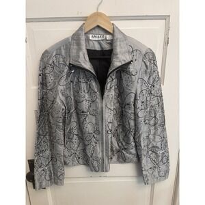 Anage Vintage 80s Women's Silver Silk Embroidered Beaded Sequin Jacket Size S